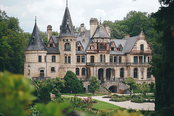Obraz premium A Majestic Stone Castle Nestled Amidst Lush Greenery, Its Towers Reaching Towards a Cloudy Sky, Whispering Tales of Bygone Eras.