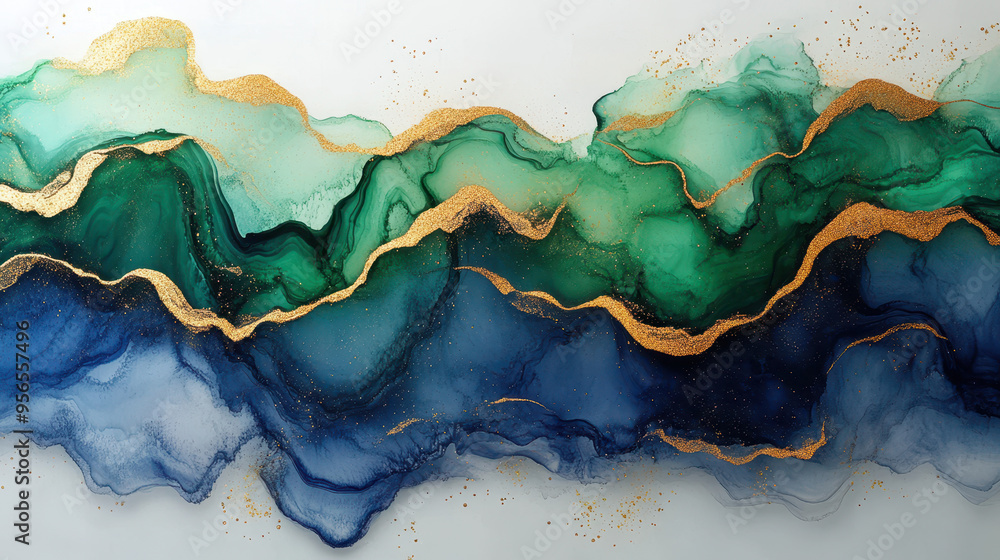 Wall mural Abstract fluid art painting in green and blue and gold color, alcohol ink with golden cracks on the surface, beautiful marble texture 