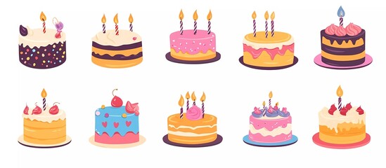 Set of vector illustrations with cakes and candles on a white background. Birthday concept in a flat style, cartoon illustration for web banner design. 