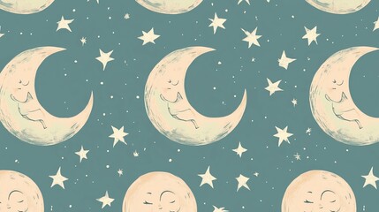 Charming pattern of sleeping moons and stars on a soothing blue background, perfect for nursery decor or bedtime themes