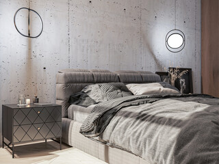 3d render modern home bed room with grey  wall mockup on grey interior background