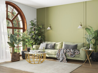 3d render modern home  living room with green sofa, wall mockup on green interior background
