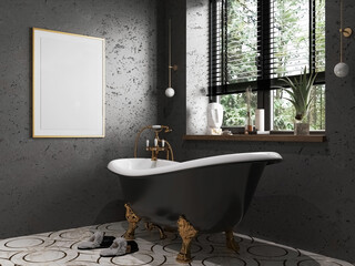 Black bathroom with photo frame,and cold accessories. 3d render interior design