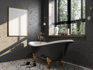 Black bathroom with photo frame and sunny rays, 3d render interior design