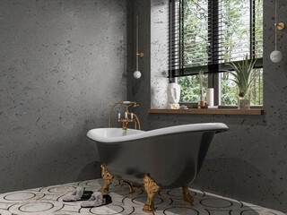 Black bathroom with wall mockup on black wall,and gold accessories. 3d render interior design