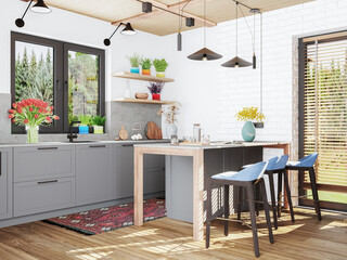 3d interior design.Boho interior design of kitchen room with blue accent chairs