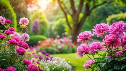 Obraz premium Beautiful pink flowers blooming in a garden , floral, pink, garden, nature, blooming, petals, plant, vibrant, spring, summer