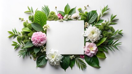 Obraz premium Blooms and green leaves arranged with square white paper , nature, floral, botanical, composition, arrangement, white background