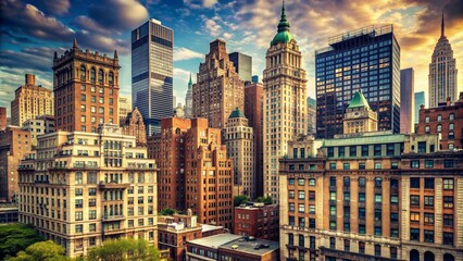 Fototapeta premium Old skyscrapers and vintage architecture in a New York themed city, skyscrapers, old, urban, cityscape, downtown