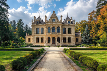 Fototapeta premium A Majestic Renaissance Castle Stands Proud Amidst Lush Gardens, Bathed in Warm Sunlight and Serene Skies.