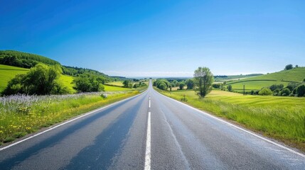 Naklejka premium Road to infinity, highway stretching to the horizon among green hills