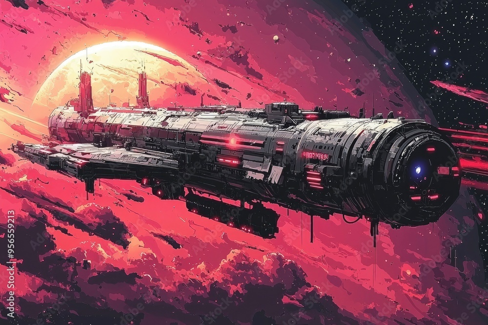 Poster futuristic spaceship soaring through a red nebula
