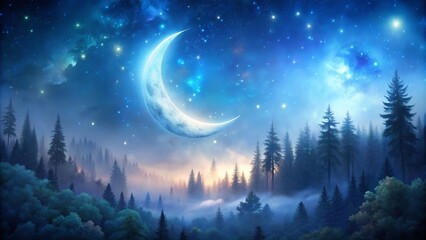 Fototapeta premium Softly glowing crescent moon suspended amidst twinkling stars, above a serene forest, bathed in an ethereal blue mist, evoking a sense of enchantment and wonder.