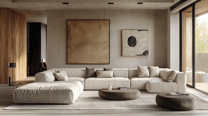 A chic living room with a large white sofa, beige rug, and textured concrete walls.