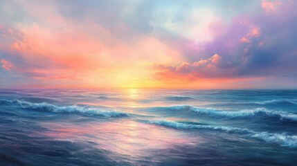 vibrant, colorful sunrise sky over a tranquil ocean, the gentle waves reflecting the soft morning light and creating a calm and rejuvenating scene