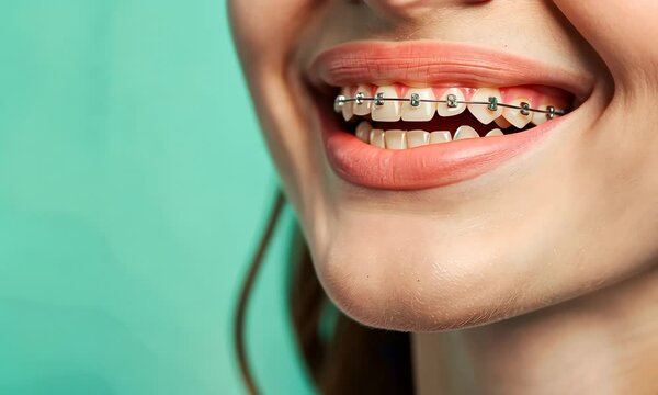 Close-up of a smiling person with braces on teeth against teal background.
