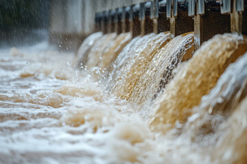 Rushing Waters: A close-up view of a dam releasing a torrent of water, creating a mesmerizing display of bubbles and foam.