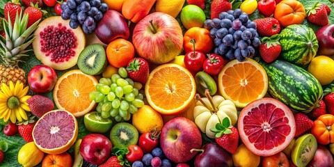 A vibrant and colorful display of assorted fresh fruits , abundance, assortment, variety, healthy, organic, delicious, market