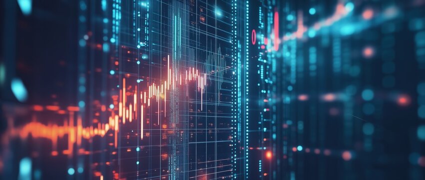Virtual space with blue and red lights illuminates a flowing stream of financial data