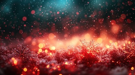 Christmas night illuminated by glowing red and green snowflakes.