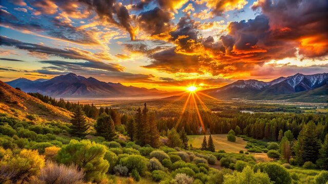 Spectacular sunset casts a warm orange glow over the serene Utah Valley, surrounded by majestic mountains and lush green forests.