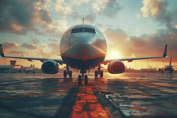 From a low-angle view on a sunny summer day, panoramic scene captures Ryanair airplane resting on...