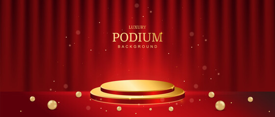 Empty golden podium on a 
 red background, realistic curtain with light neon effects and decorations in the form of golden balls. Luxury stage design concept. Vector illustration.