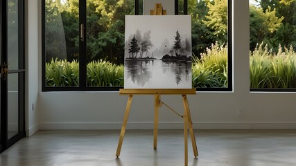 The blank white paper stands tall on the elegant gold metal easel, a symbol of endless potential. The light beams playfully dance upon the canvas, casting a gentle shadow that adds depth to the scene.