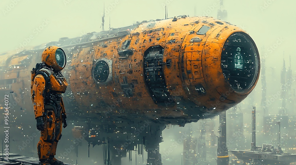 Poster a futuristic astronaut standing before a sleek spaceship in a gleaming cityscape.