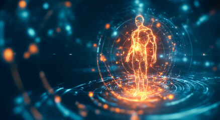 Conceptual image of a human figure surrounded by digital energy representing a strong immune system
