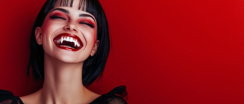 Laughing Happy Adult Woman with vampire fangs, Wearing a Vampire Costume for Halloween on a Red Banner with copy Space