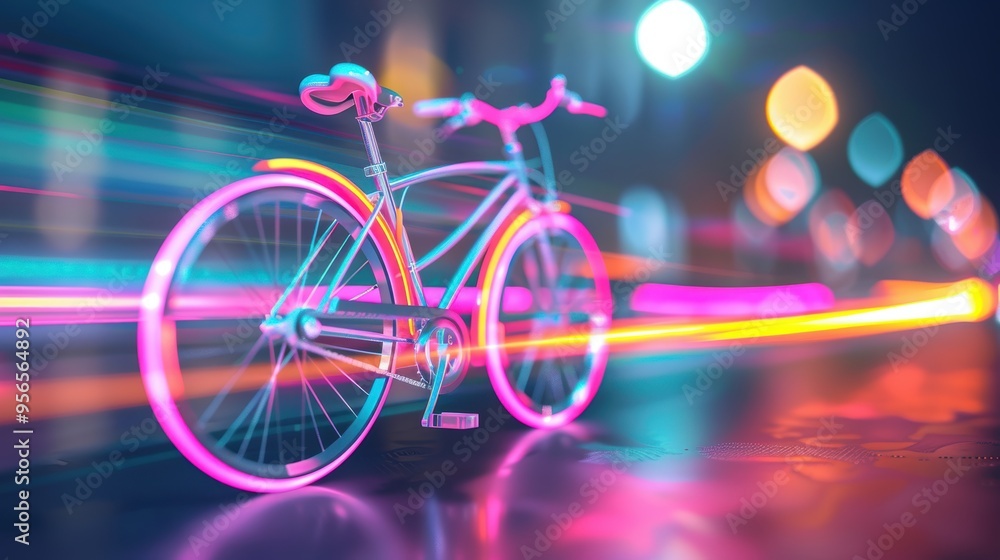 Aufkleber a playful and creative composition of multiple bicycles with colorful lights, leaving a mesmerizing 
