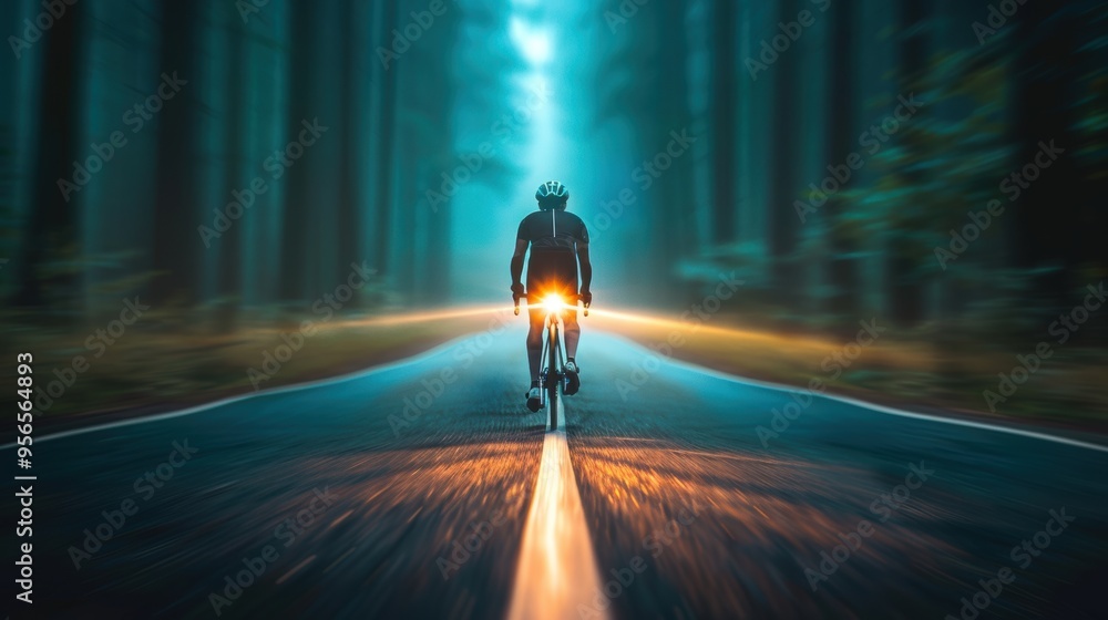 Poster a captivating photograph of a lone cyclist with a headlamp creating a bright light trail through a d