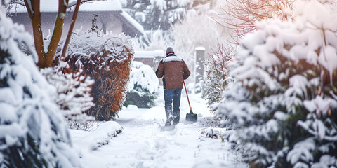 The image captures a man in a snowy yard, using a shovel to clear snow from a path.