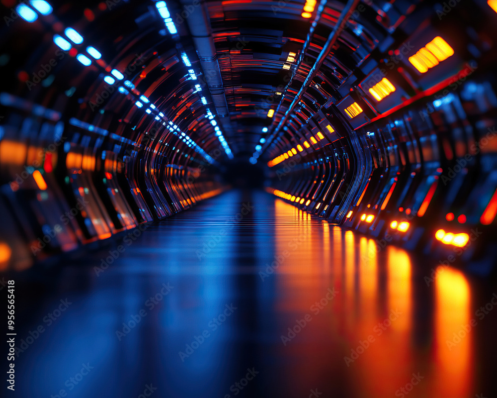 Poster a futuristic tunnel illuminated by vibrant blue and orange lights, creating a dynamic and immersive 
