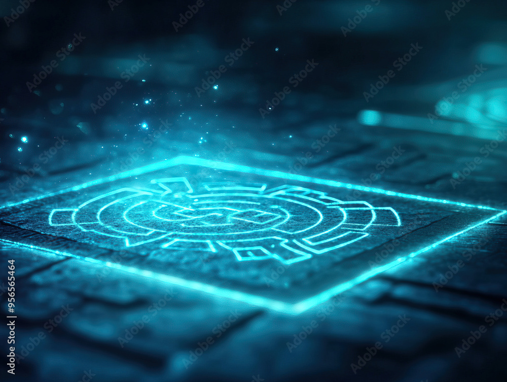 Poster a glowing labyrinth design etched on a dark floor, surrounded by ethereal light particles, creating 