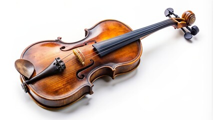 Fototapeta premium Old violin resting on a white background, violin, vintage, classical, music, antique, instrument, string, wooden