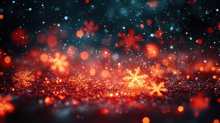 Fototapeta premium Christmas night sky adorned with glowing red and green snowflakes.