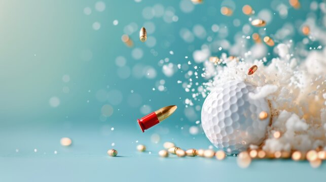Bullet Striking a Golf Ball. An image of a bullet hitting a golf ball, showcasing the deformation of the golf ball and the impact crater created by the bullet.