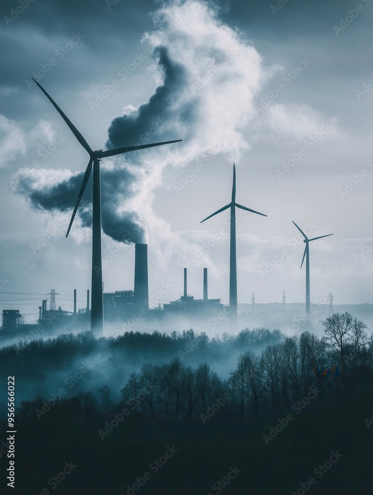 Poster wind turbines rise against the backdrop of closed coal mines and old factories, showcasing the shift