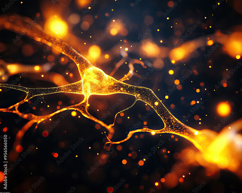 Poster abstract illustration of glowing neurons and synapses with vibrant colors, representing brain activi