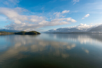 Inside Passage cruise morning mist landscape, British Columbia, Canada.