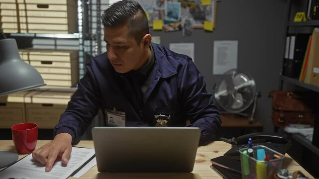 Hispanic detective in uniform works at laptop in a cluttered police station office, with documents and shelves visible.