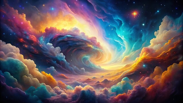 Vibrant, swirling clouds of colorful gas and dust shape-shift into an otherworldly, dreamlike entity, defying gravity and radiating an aura of mesmerizing, cosmic uniqueness.