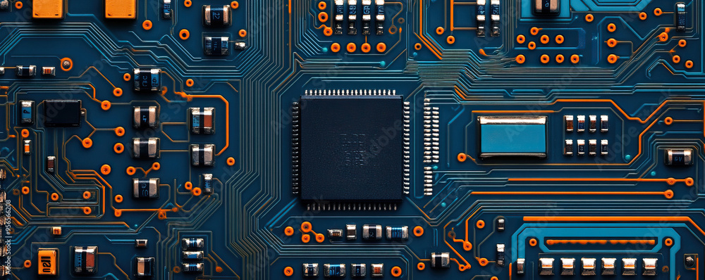 Poster close-up of a detailed circuit board showcasing intricate electronic components and colorful connect