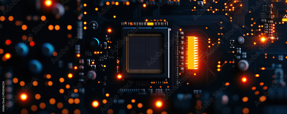 Poster close-up of a vibrant circuit board showcasing intricate details and glowing components, ideal for t
