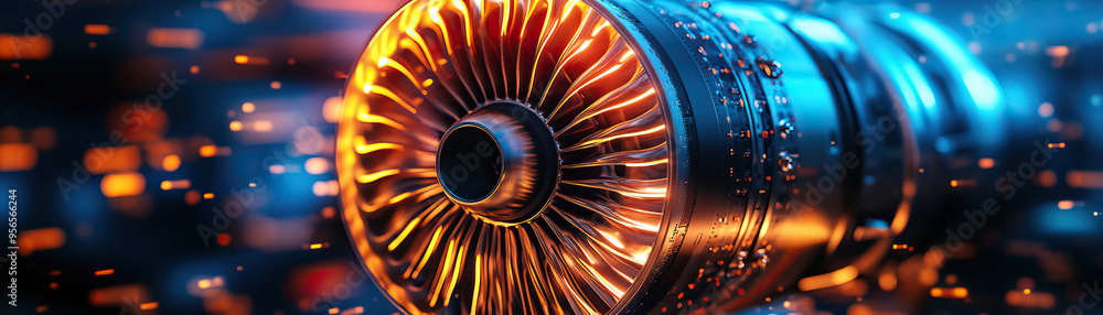 Poster close-up of a futuristic turbine engine showcasing intricate details and vibrant colors against a dy