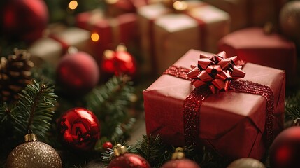 A Christmas gift box wrapped with a red bow, surrounded by seasonal decorations.