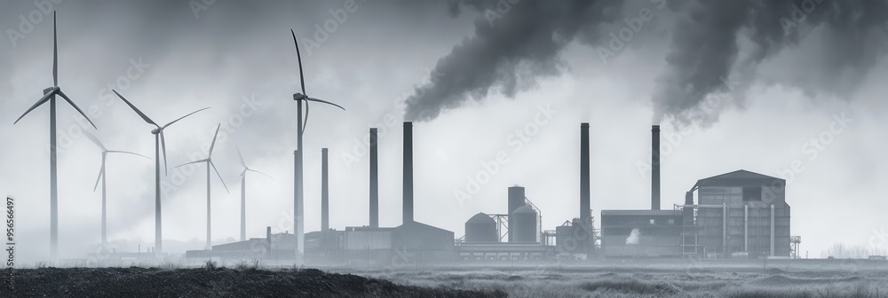 Aufkleber wind turbines rise alongside abandoned coal mines and factories, symbolizing the transition from fos
