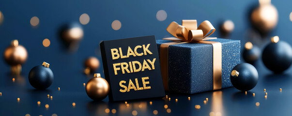 Decorative Black Friday sale gift box with gold accents, perfect for promotions and holiday marketing campaigns.